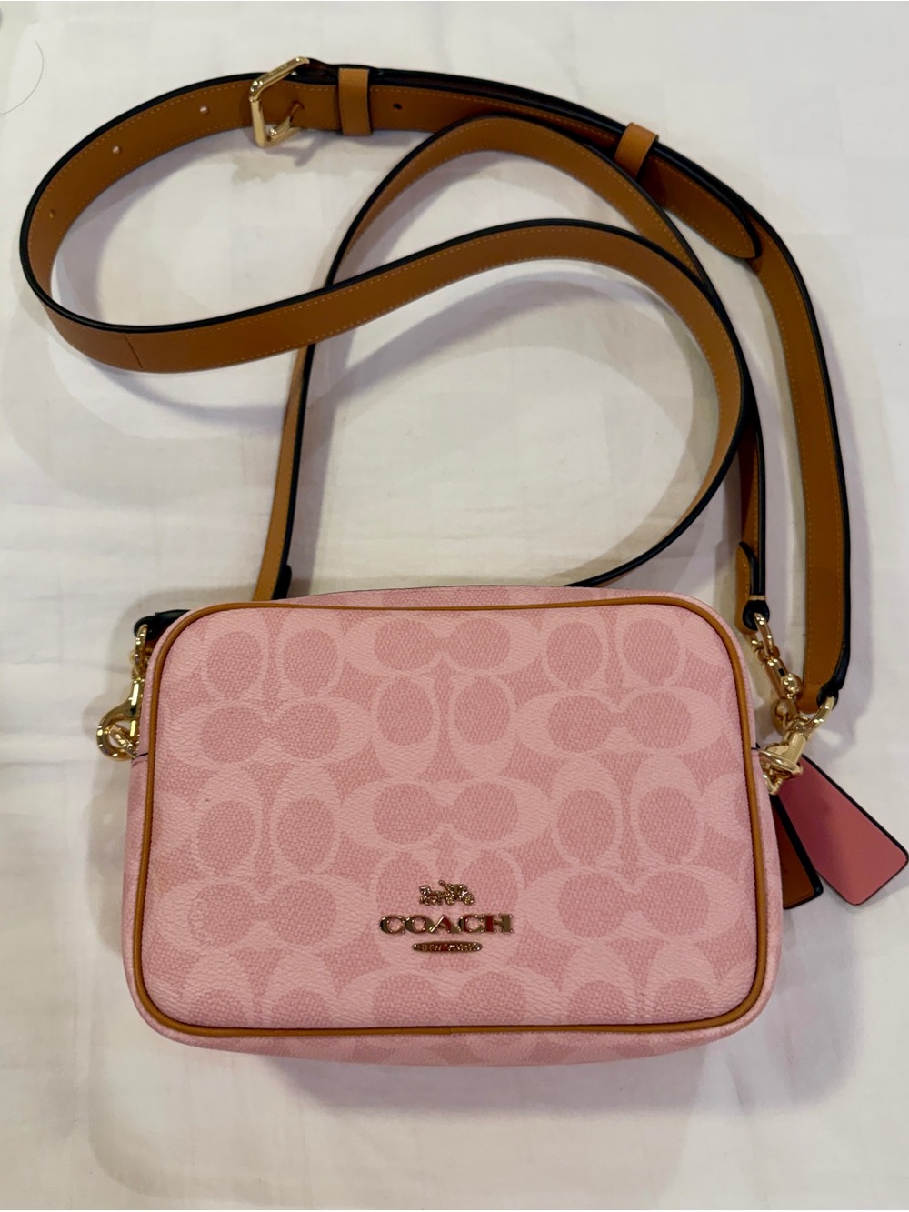 Coach Pink Mini Carey Signature Canvas Crossbody with Tan Strap and Gold Hardwar